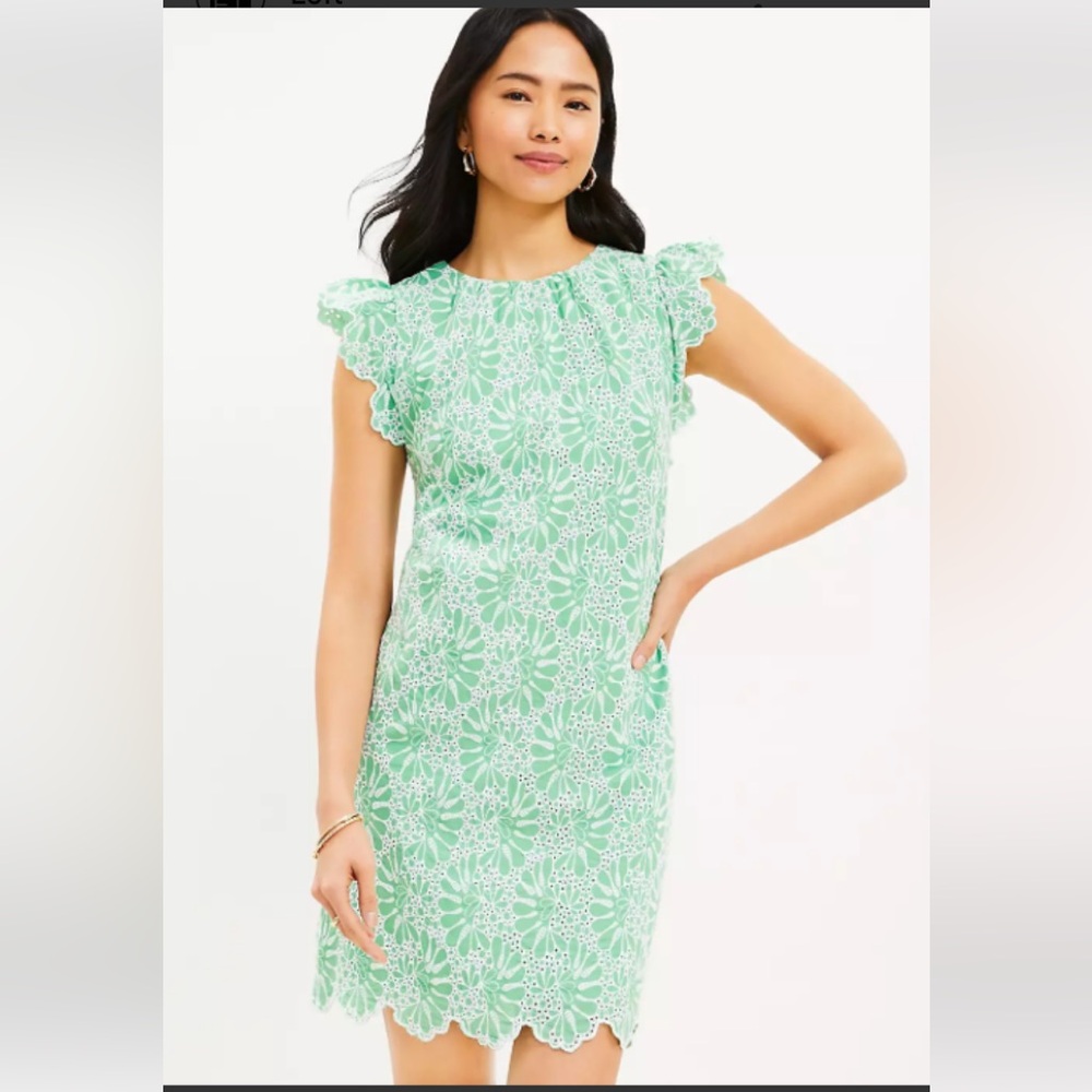 LOFT Eyelet Flutter Sleeve Shift Dress Size 12 Green Short Sleeve